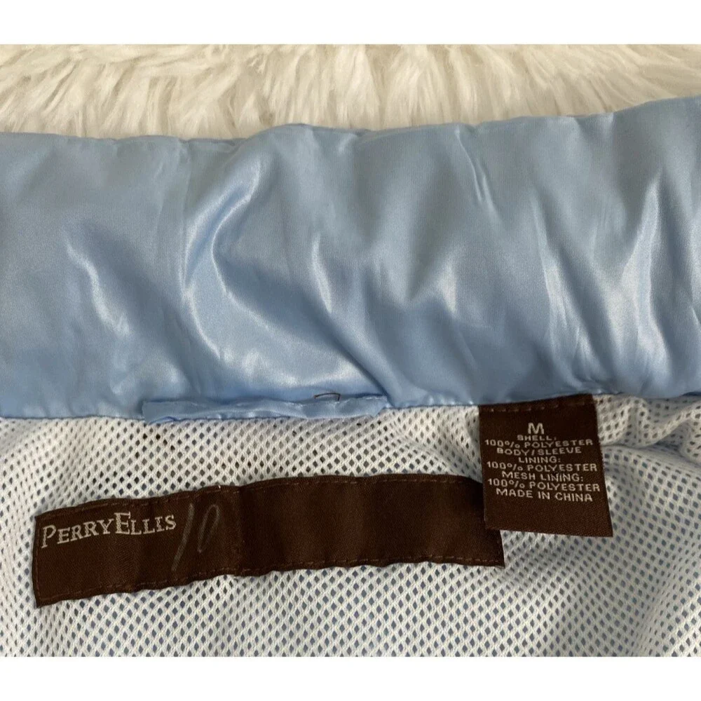 Perry Ellis Hooded Jacket Rain Coat Womens Size M Blue Pastel Full Zip Pockets
